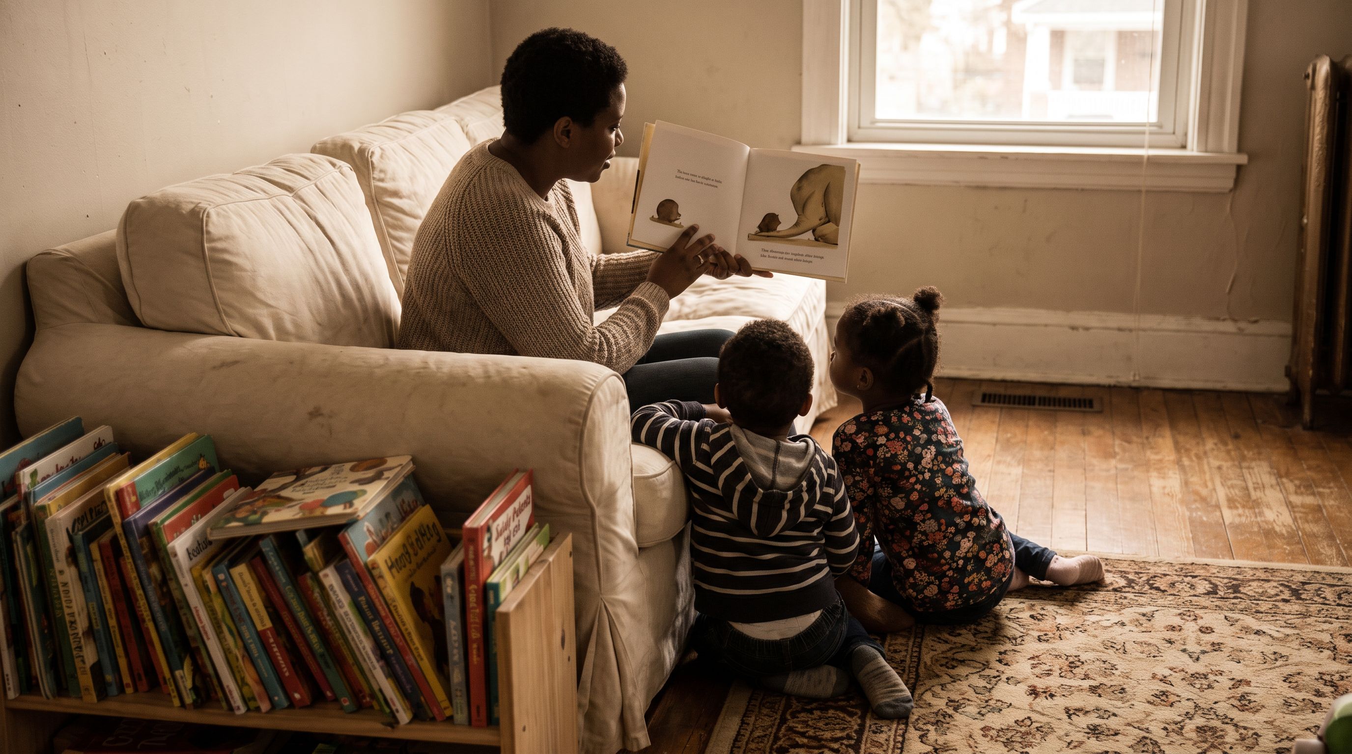 A caregiver reads a picture book aloud to two children on a sofa beside a low shelf full of books