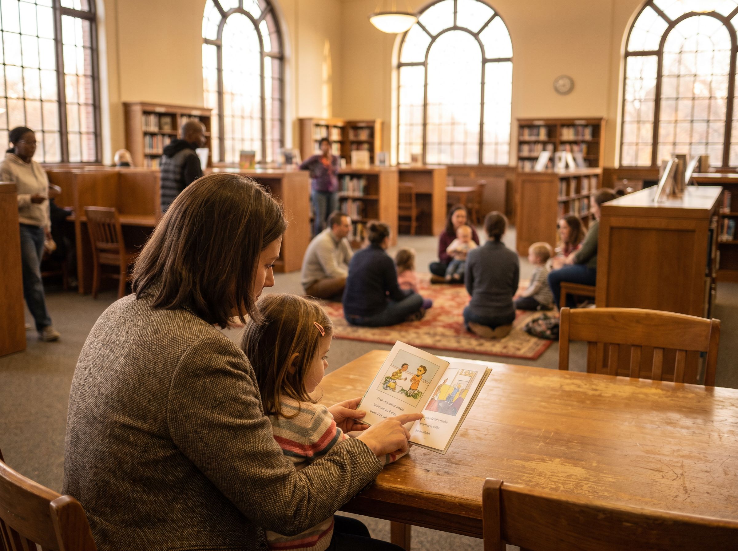 A tutor and a child read together at a library table while a family reading group gathers in the background